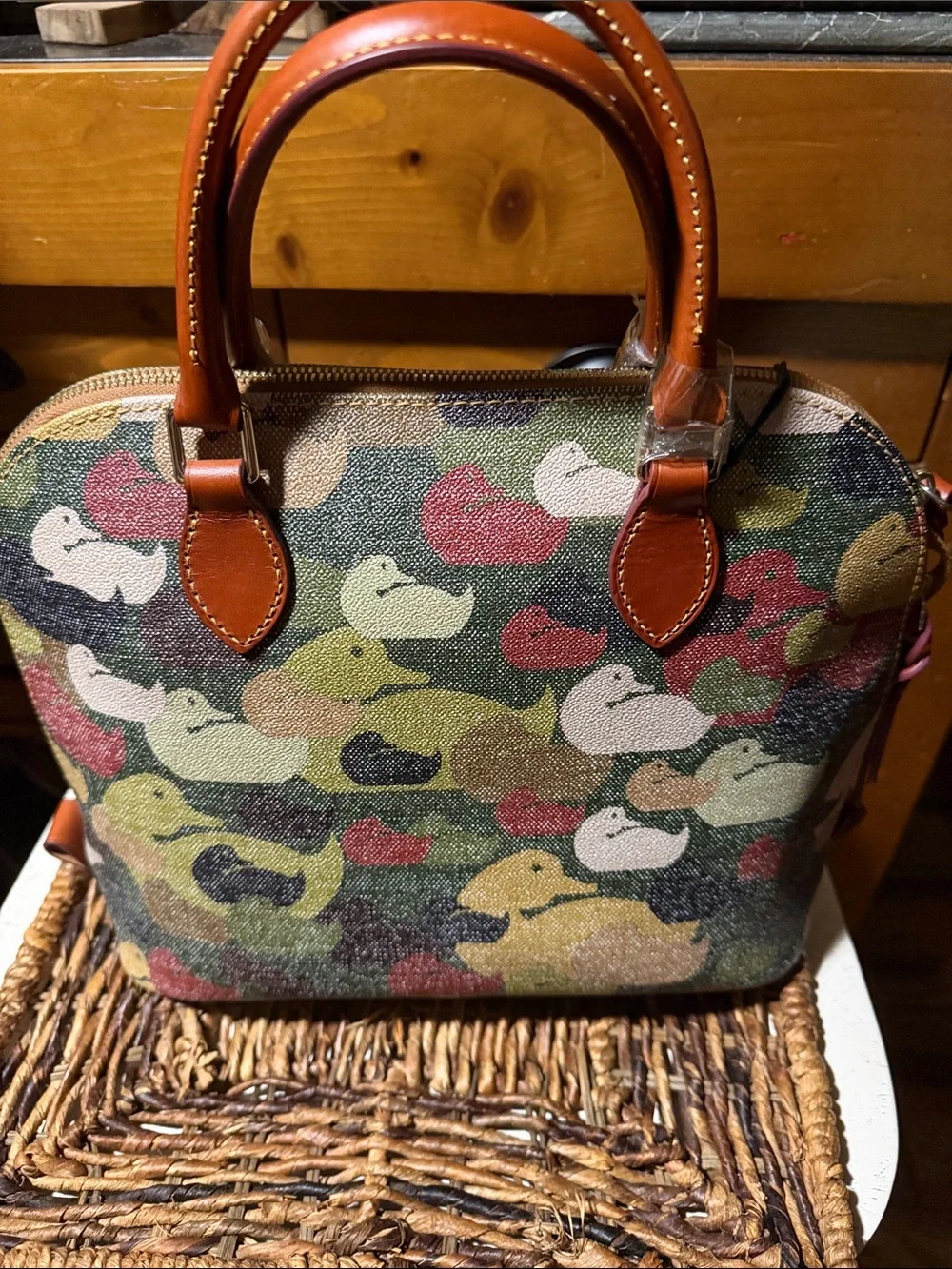 Dooney & Bourke Multicolor Camo Duck-Print Satchel with Tan Leather Trim BNWT - Picture 3 of 10